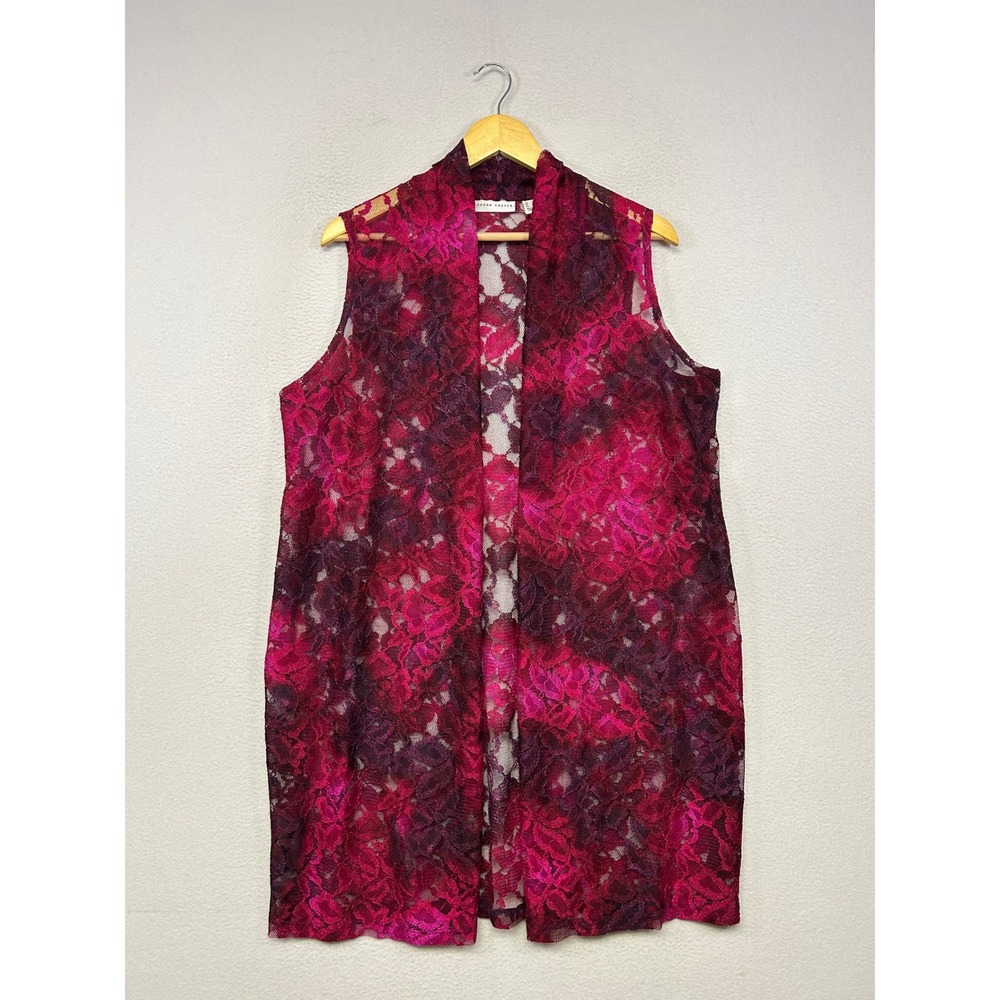 Susan Graver Floral Lace Ombre Womens Medium Magenta Open Front Vest Whimsygoth